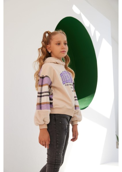 Kız Çocuk Let's Your Dreams Kolu Kürklü Ekose Sweatshirt modelleri