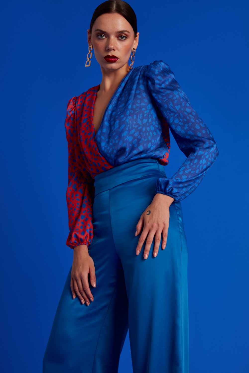 Sateen Kruvaze Desenli Bodysuit - Oranj-Sax Mavi