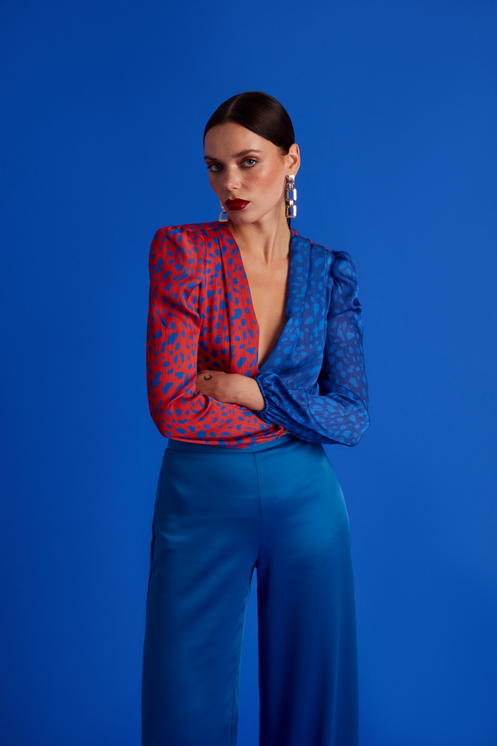 Sateen Kruvaze Desenli Bodysuit - Oranj-Sax Mavi görsel 2