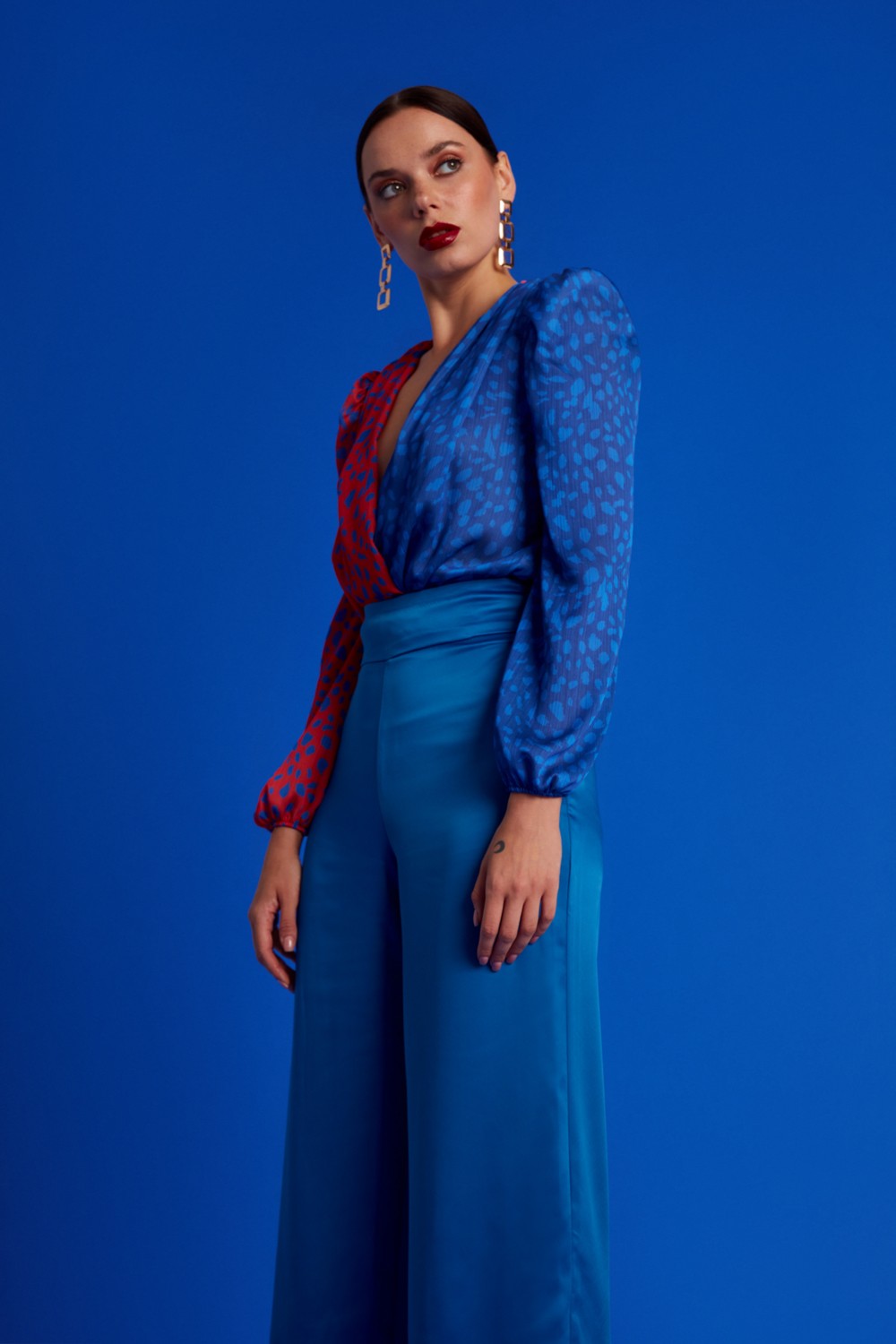 Sateen Kruvaze Desenli Bodysuit - Oranj-Sax Mavi görsel 3