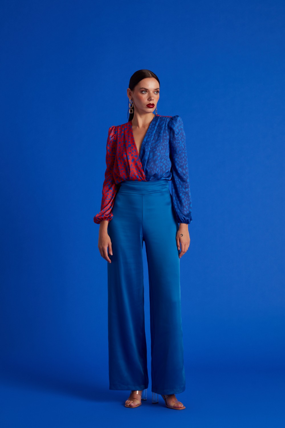 Sateen Kruvaze Desenli Bodysuit - Oranj-Sax Mavi görsel 4