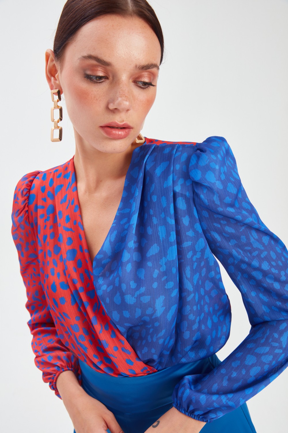 Sateen Kruvaze Desenli Bodysuit - Oranj-Sax Mavi görsel 5