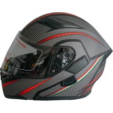 Jekai Jk-21 902 Model Güneş Vizörlü Çenededen Açılır Kask - Gri/kırmızı Karbon Desenli - M