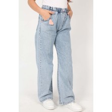 Asortix Kız Çocuk Komple Bel Lastikli Bol Paça Rahat Günlük Jean Kot Pantolon