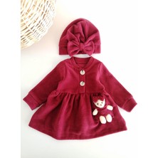 Arya Kids Kız Bebek Ahşap Düğmeli Ayıcıklı Boneli Kışlık Elbise Kırmızı