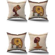 Cango Home Krem Etnik Afrika Figürlü Fil Desenli 4'lü Dijital Baskılı Kırlent Kılıfı Seti 43x43 cm 4KMBS305