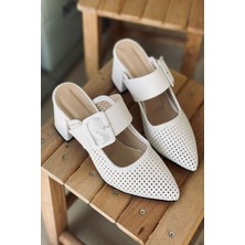 Mida Shoes Ylazy Beyaz Deri Lazer Kesim Hava Alan Topuklu Ayakkabı