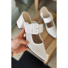 Mida Shoes Ylazy Beyaz Deri Lazer Kesim Hava Alan Topuklu Ayakkabı