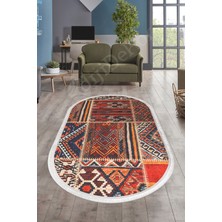 Dijidekor Dijidekor K1300 Patchwork Saçaklı Dijital Oval Halı Kaymaz Yıkanabilir Oda Mutfak Antre Salon Halısı