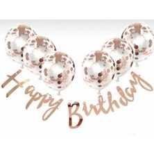 Çıtı Pıtı Store Rose Gold Konfetili Şeffaf Balon Rose Gold Happy Bırthday Banner