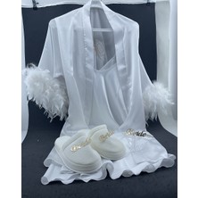 Newin Style Bride Işlemeli Tüylü Model Sabahlık  Gecelik Terlik Taç S