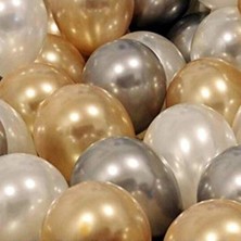 Tatlı Günler 30 Adet Metalik Sedefli Gold-Gümüş Gri-Beyaz Balon, Helyumla Uçan
