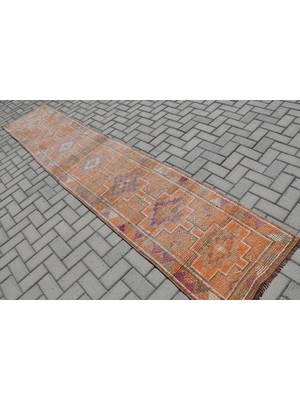 Türk Halısı, Eskitme Halı, Halı, 98X358 cm Turuncu Halı, Bahçe Merdiven Halı, Organik Mutfak Halı,