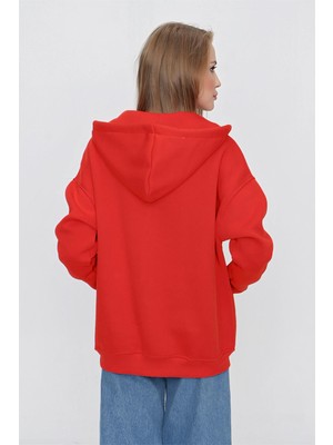 Tena Moda Kadın Orange Kapüşonlu Oversize Fermuarlı Sweatshirt