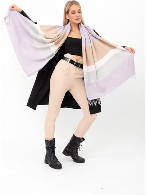 Saria Moda Yumuşak Dokulu Karma Çizgili Kalın Omuz Şalı