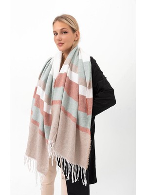 Saria Moda Yumuşak Dokulu Karma Çizgili Kalın Omuz Şalı