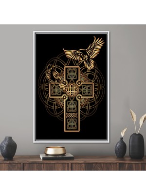 Kayra Export 1 Parça Beyaz Çerçeveli Kanvas Tablo, Ingiliz Haçı, Cross Sanat, Raven Duvar Süsü,