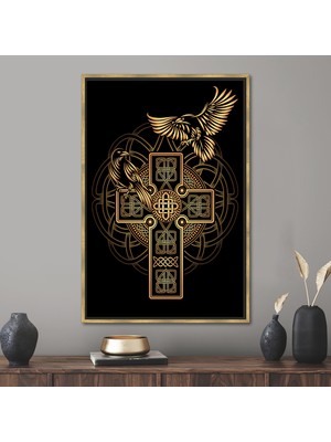 Kayra Export 1 Parça Gold Çerçeveli Kanvas Tablo, Ingiliz Haçı, Odin's Ravens 3 Boyutlu Kanvas,