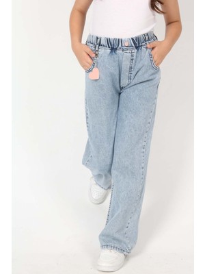 Asortix Kız Çocuk Düz Desenli Bel Lastikli Bol Paça Jean Kot Pantolon Günlük Tarzda
