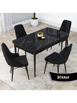 Canisa Concept Kar Serisi 80 x 132 cm Açılabilir Mdf Mutfak Masa Takımı Siyah Mermer Desen Masa 4 Sandalye