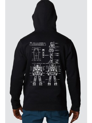 Rock&Roll Robotic Siyah Kapüşonlu Ön ve Arka Baskılı Erkek Sweatshirt