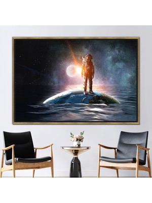 Kayra Export 1 Parça Gold Çerçeveli Kanvas Tablo, Denizde Uzaycı, Okyanus Kanvas, Toprak Kanvas,