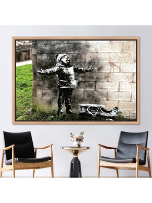 Kayra Export 1 Parça Naturel Çerçeveli Kanvas Tablo, Banksy Kar Yağışı, Banksy Snow Baskılı,
