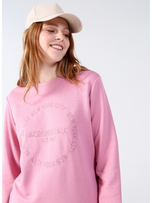 Aeropostale Bisiklet Yaka Nakışlı Pembe Kadın Sweatshirt K-Super