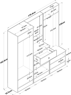 Rani P6 Modern Çekmeceli Aynalı Portmanto Ayakkabılık Vestiyer Sepet Ceviz - Beyaz M3