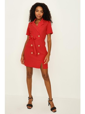 Kadın Düğme Detaylı Kuşaklı Ceket Elbise