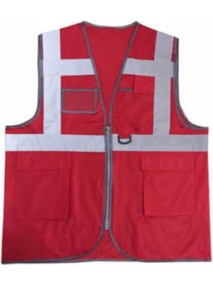 Reflektörlü Cepli Vento Mühendis Tipi Yelek Kırmızı