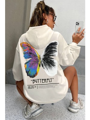 Millionaire Kadın Ekru Kelebek Baskılı 3 Iplik Şardonlu Kapüşonlu Kanguru Oversize Salaş Hoodie Sweatshirt