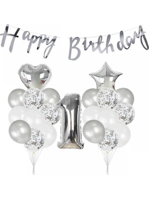 Çıtı Pıtı Store 1 Yaş Gümüş Happy Bırthday Balon Seti