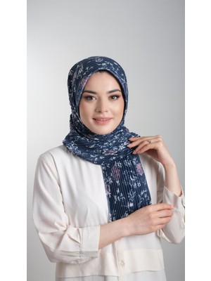Hürrem Bone Lacivert-Pudra Pratik Hazır Geçmeli Tesettür Eşarp Kesik Elyaf Piliseli Çiçek Desenli 1818D6_206
