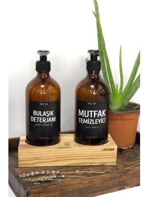Lalezen Ahşap Standlı Bulaşık Deterjanı ve Mutfak Temizleyici Siyah Etiketli Amber Cam Şişe 500 ml