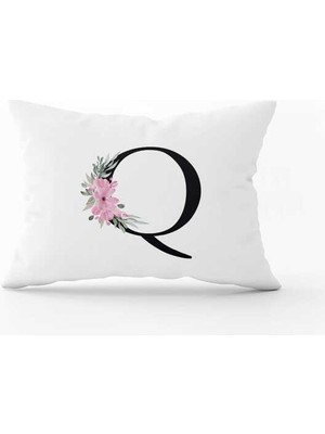 Pembe Çiçekli Siyah Harfli Çift Tarafı Dijital Baskılı Kırlent KILIFI-HRF04-Q-3550