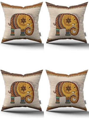 Krem Etnik Fil Desenli Dijital Baskılı Kırlent Yastık Kılıfı Seti 4KMBS299