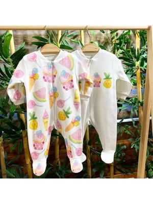 Renkli Puset 2'li Penye Fermuarlı Bebek Tulum Cupcake