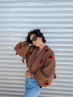 Organic Mira Organıcmıra Kahverengi Kirazlı Ceket Kiraz Desenli Oversize Crop Kadın Hırka Mont Chunky Cardigan