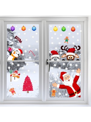 Echo Home Yılbaşı Sticker Noel Baba Geyik Penguen ve Kar Taneleri Cam Duvar Süsü