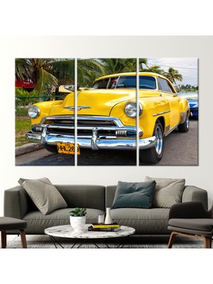 Kayra Export 3 Parçalı Kanvas Tablo, Sarı Araba Duvar Dekoru, Araba Kanvas Poster, Retro Araba Kanvas Dekor,