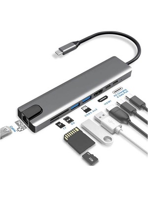 DarkSent 8 In 1 Ethernet Sd USB Type C Hub HDMI Girişli Macbook Çevirici