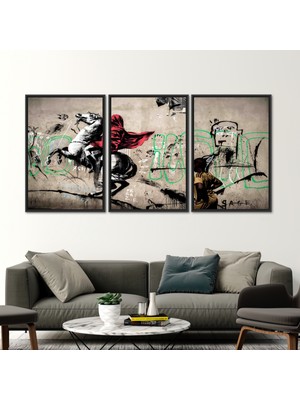 Kayra Export 3 Parçalı Siyah Çerçeveli Kanvas Tablo, Banksy Horse Rider, Banksy Street 3 Boyutlu Kanvas,