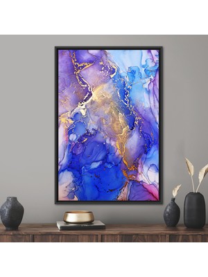 Kayra Export 1 Parça Siyah Çerçeveli Kanvas Tablo, Mavi ve Mor Mermer, Işıltılı Sanat Eseri,