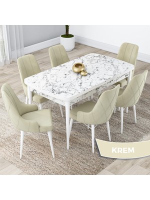 Canisa Concept Kar Serisi  Açılabilir 80 x 132 cm Mdf Mutfak Masa Takımı Beyaz Mermer Desen Masa 6 Sandalye
