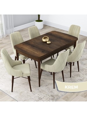 Canisa Concept Kar Serisi  Açılabilir 80 x 132 cm Mdf Mutfak Masa Takımı Barok Ahşap Desen Masa 6 Sandalye