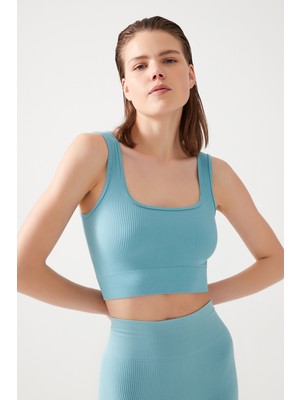 Los Ojos Kadın Mavi Askılı Fitilli Kare Yaka Crop Top Büstiyer Square