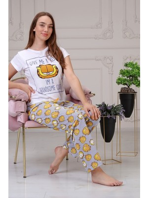 Baks Store Kadın Çizgili Garfield Baskılı Tşort Pantolon Takımı