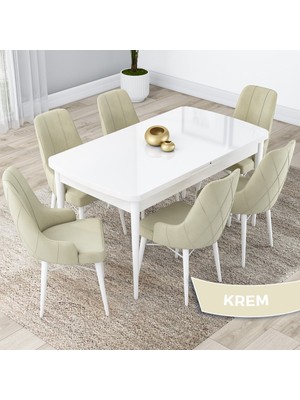 Canisa Concept Kar Serisi 80 x 132 cm Açılabilir Mdf Mutfak Masa Takımı Beyaz Masa 6 Sandalye