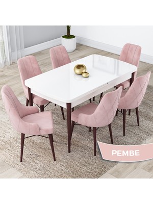 Canisa Concept Kar Serisi 80 x 132 cm Açılabilir Mdf Mutfak Masa Takımı Beyaz Masa Ceviz Masa 6 Sandalye